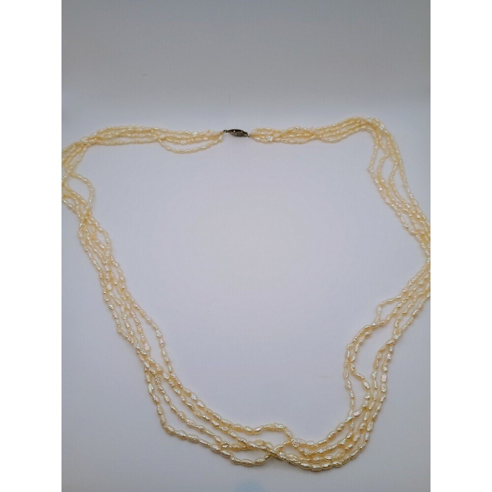 Vintage Rice Pearl 4 Strand Necklace With Silver Clasp - No Mark